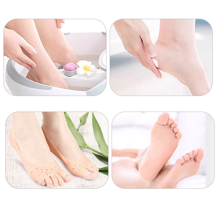 foot care routine collage with silicone socks and spa treatment