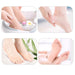 foot care routine collage with silicone socks and spa treatment