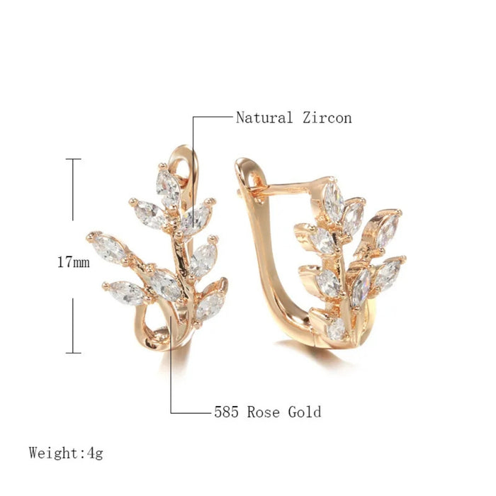 Rose gold wheat earrings – labeled “Natural Zircon” and “585 Rose Gold”, 17 mm height