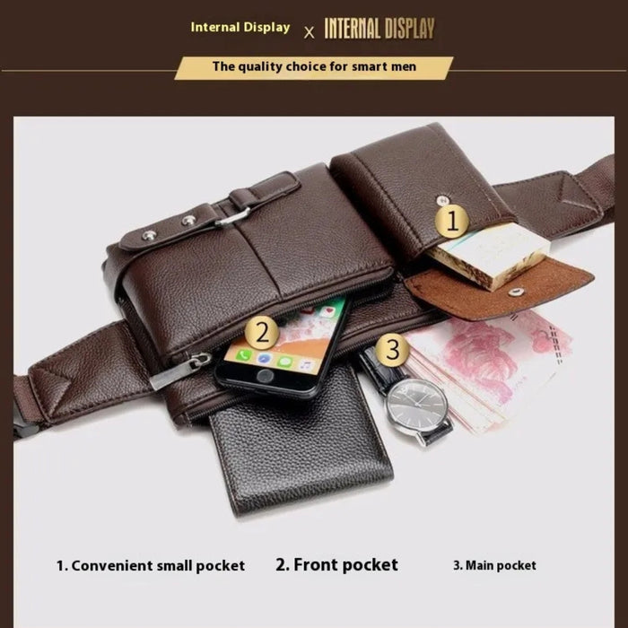 Brown leather waist bag with compartments labeled and opened to show contents – 1600007588949 14145394