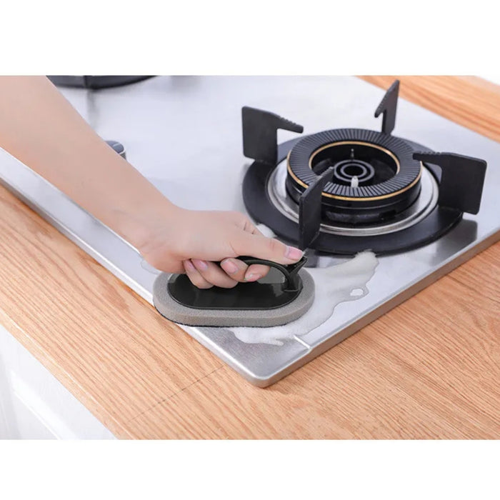Nano Emery Cleaning Brush – Handle grip, decontamination sponge scrubbing stove with soap near burner -