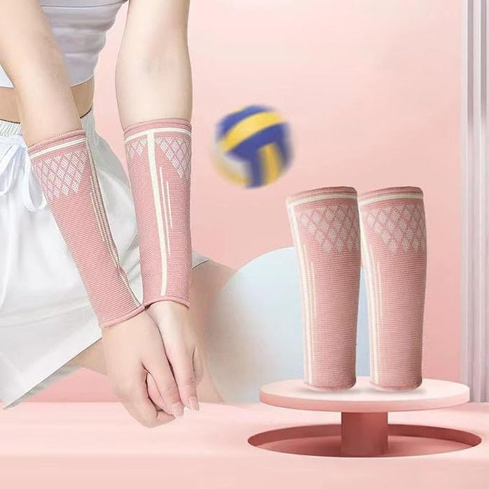 Pink volleyball forearm sleeves shown in action – player wearing sleeves while jumping to hit ball, with product displayed beside – 1600002527315