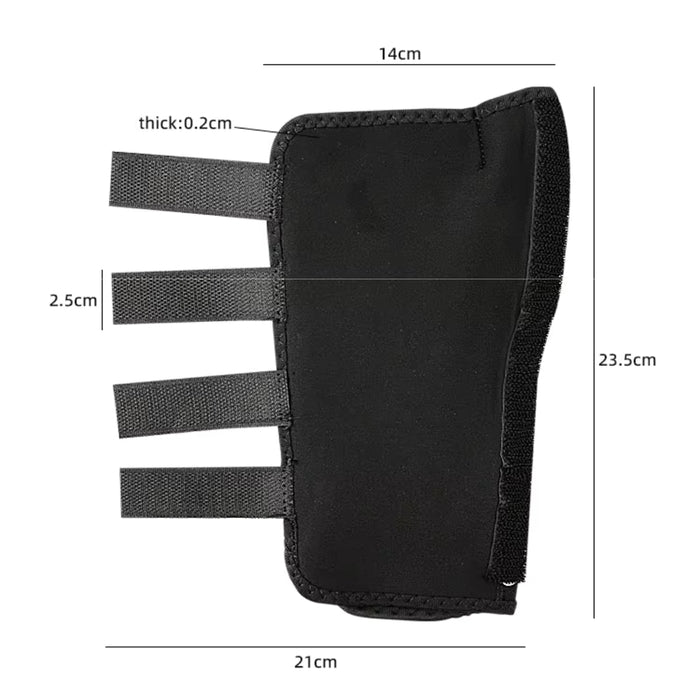 Black arm guard with measurement details on a white background