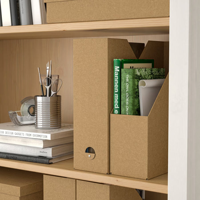 IKEA GÄRDESGÅRD magazine file – wooden shelf with labeled books, tin pencil holder, and brown magazine files-40596951