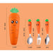 Carrot-themed children’s tableware set featuring a vibrant orange storage container shaped like a carrot with a cheerful cartoon face and leafy green lid—measures 19 cm in height and weighs 61 grams; set includes three stainless steel utensils: one spoon (13 cm, 25.2 g, 3.5 cm wide), one fork (13 cm, 18.2 g, 2.5 cm wide), and another spoon variant (13 cm, 22 g, 3 cm wide)—all with matching carrot handles adorned with cute smiling faces and green tops – 1600002332714 12850097.

