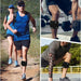 Collage of athletes running, lifting, and stretching outdoors, each wearing black knee strap for support