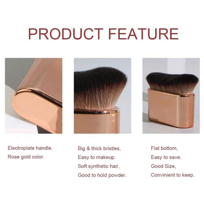 Product feature display of gold makeup brush flat bottom, electroplated handle, thick bristles