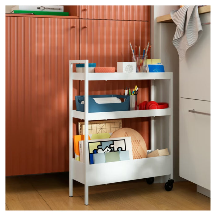Ikea NISSAFORS Trolley 50.5x19x67 cm (19 7/8x7 1/2x26 3/8 ") with NYCKELN Hand Towel, White/Dark Blue, 40x70 cm