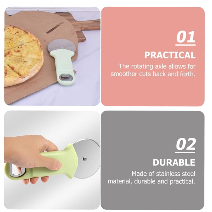 Four-part graphic showing green cutter beside pizza, in hand, and labeled for practicality and durability – stainless steel blade with rotating axle – 1600000037418 14006653