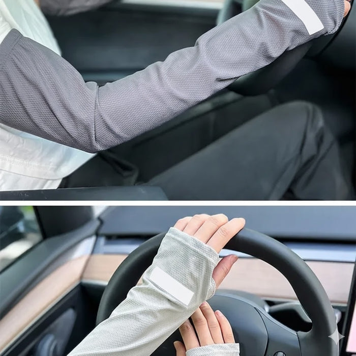 Dual driving shots showing reflective strip near wrist, enhancing visibility and safety during outdoor use