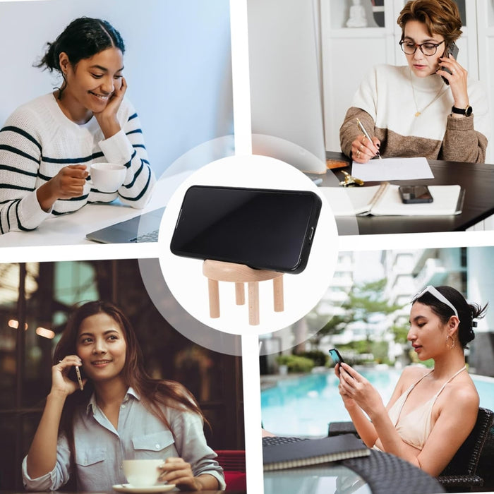 Collage of people using phones in various settings with central image of mobile on mini chair stand – stylish and functional phone holder – 1598453326009 13953547