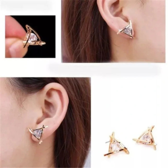 Triangle gold earrings – stud earrings with triangular gemstone and gold prongs, shown worn and separately on display