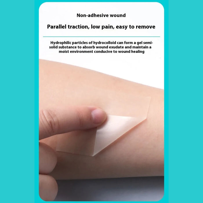 Close-up of transparent hydrocolloid patch being peeled off gently, promoting moist healing and low-pain removal