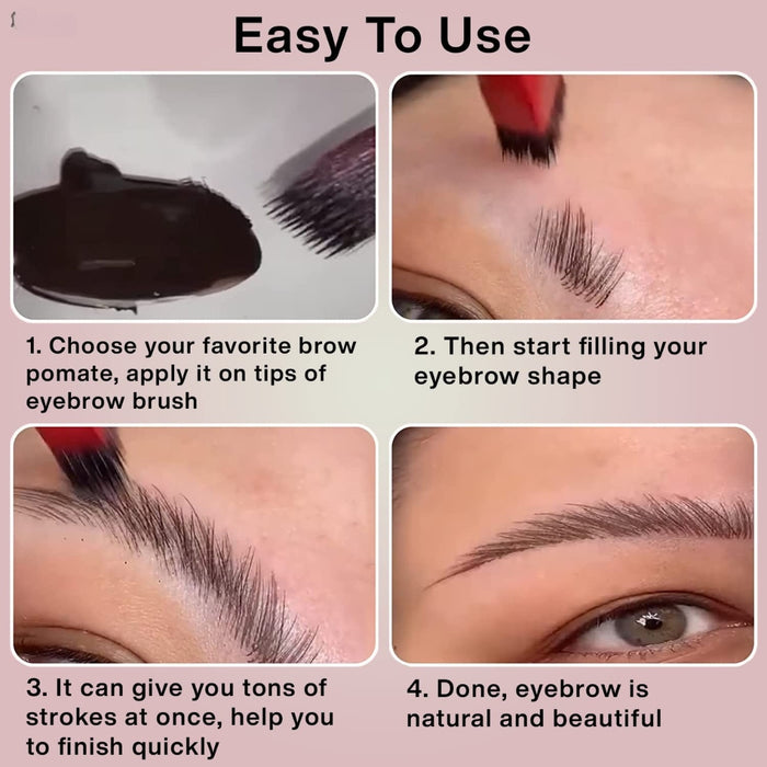 Four-panel guide showing red angled brush used with pomade to fill and shape brows – delivers multiple strokes for natural finish – 1598453751840 14041847