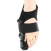 Black orthopedic bunion corrector brace for right foot with adjustable straps and hinge support
