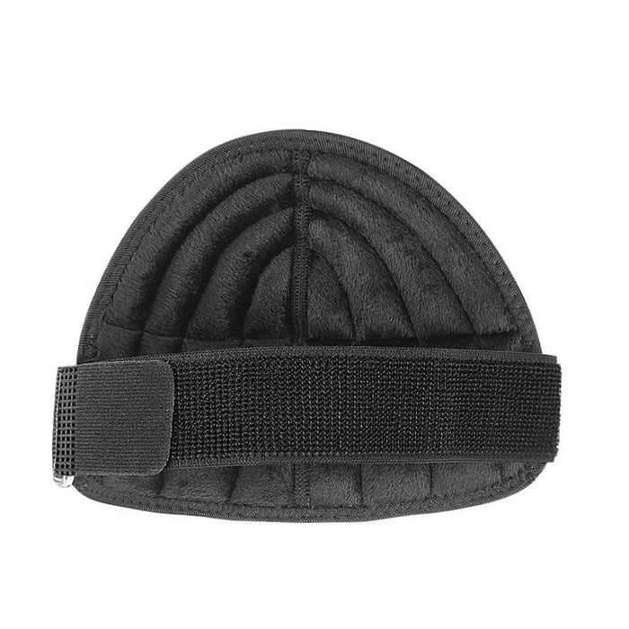 Black protective knee pad with a strap on a white background