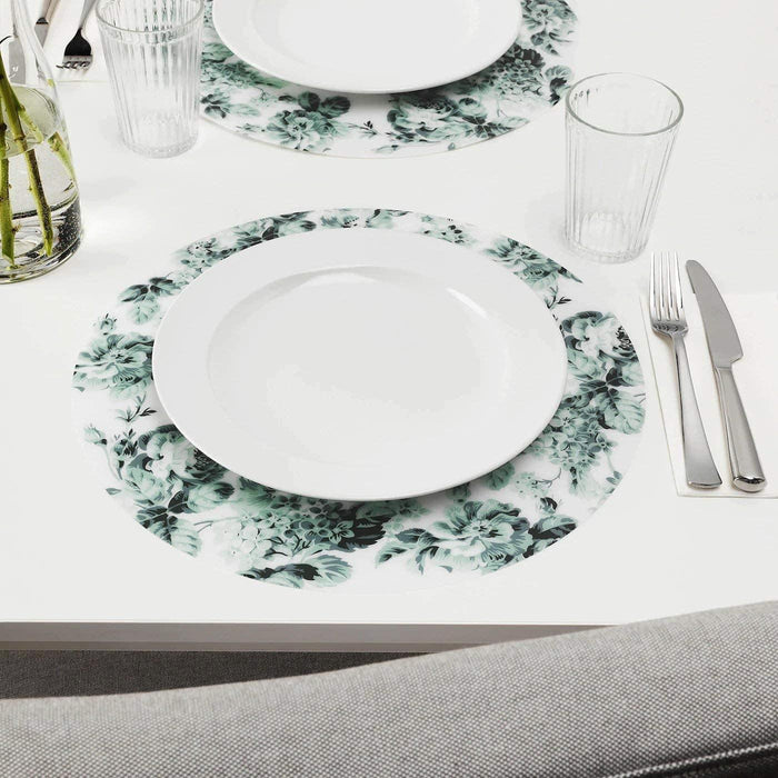 IKEA FULLKOMLIG Tablecloth, White,145x240 cm with IKEA SMAKSINNE Placemats, White/Green, Flower, 37 cm (15") (pack of 6)