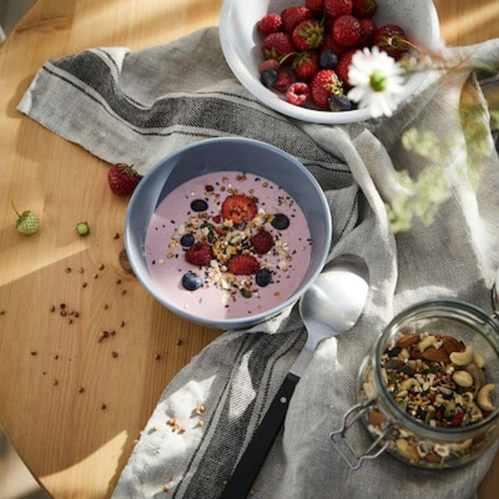 IKEA Tray table, dark grey-green, 45x53 cm with Rice bowl, grey-blue, 11 cm & cup and saucer, dark grey, 9 cl