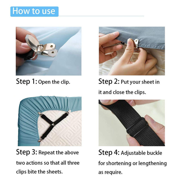 Digital Shoppy Bed Clips Sheet Cover, four-step usage guide showing clip attachment and adjustable buckle