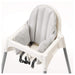 White high chair with a gray textured cover on a white background