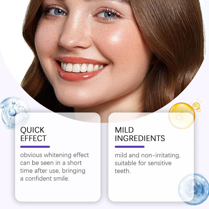 Woman with a confident smile, featuring text about product effects on teeth.