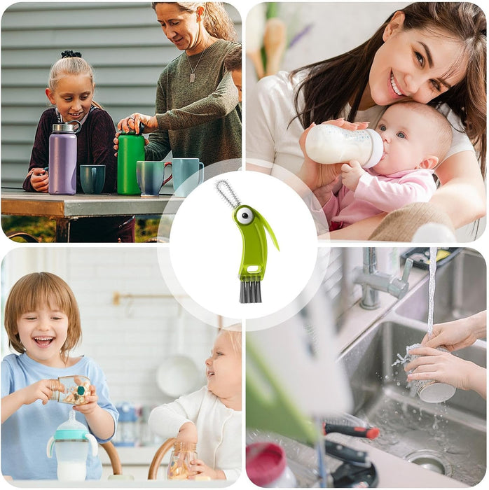 Collage of a woman with a child, a baby being fed, a green bottle brush, and children using bottles.