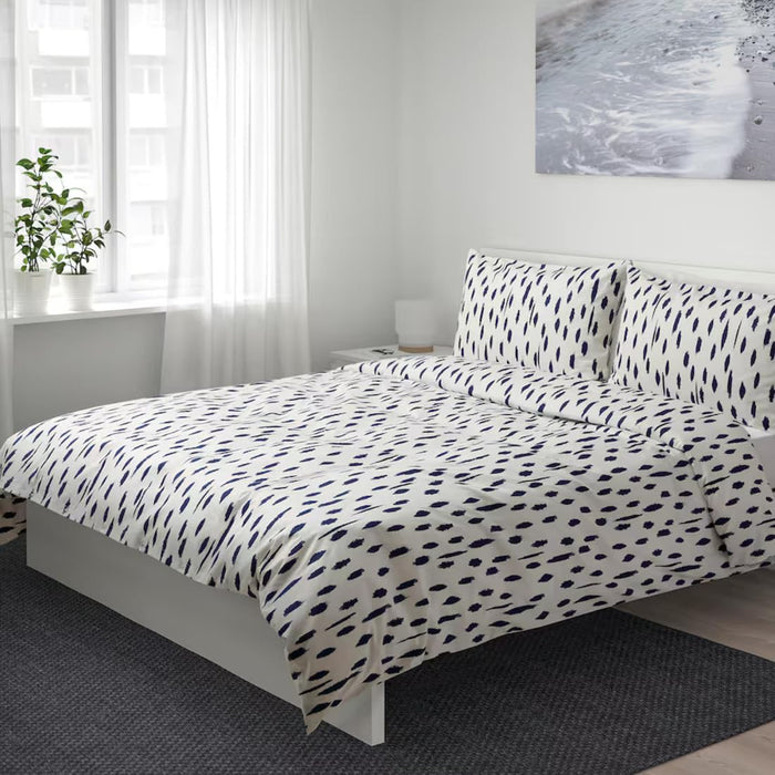 IKEA ÄNGLATÅRAR duvet cover and 2 pillowcases in white and blue on a neatly made bed 80444423