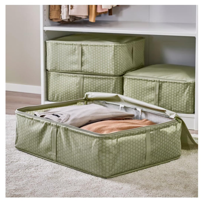 IKEA HEMMAFIXARE Storage case, flower/pale grey-green, 69x51x19 cm (27 ¼x20x7 ½) with AROMATISK Hand towel, green, 40x70 cm (16x28)