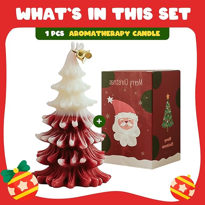 Red and white Christmas tree-shaped aromatherapy candle with packaging on a red background