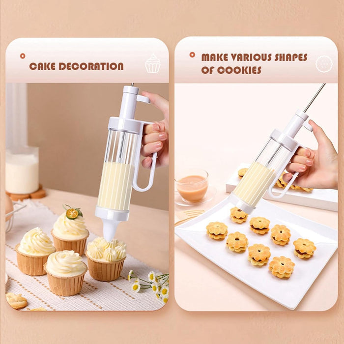 Dual-panel display showing cookie gun used for cupcake frosting and shaping flower-style cookies on baking tray