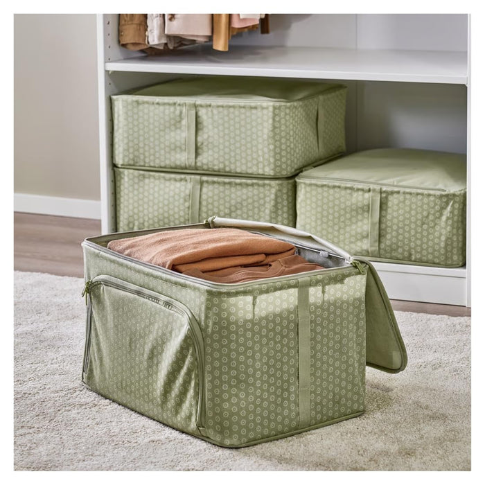 IKEA HEMMAFIXARE Storage case, flower/pale grey-green, 34x51x28 cm (13 ½x20x11) with AROMATISK Hand towel, green, 40x70 cm (16x28)