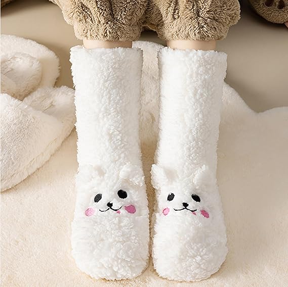 Digital Shoppy winter floor socks – fluffy white socks with bunny face embroidery and pink cheeks, worn with beige loungewear