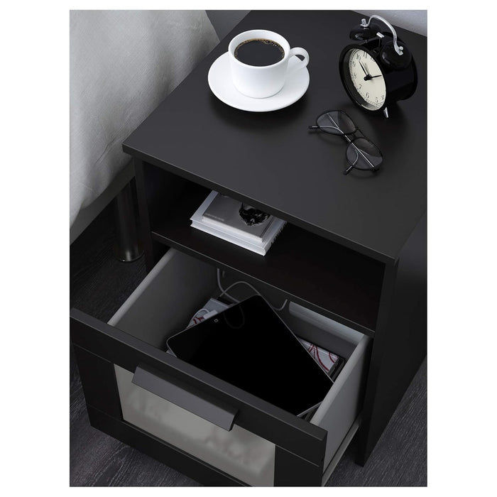 IKEA  BRIMNES Bedside table, black, 39x41 cm  with Clamp table lamp, stainless steel