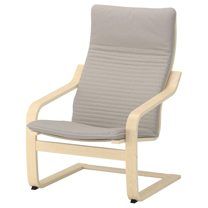 POÄNG armchair & footstool, birch veneer/Knisa light beige – curved cantilever frame with ribbed cushions, ergonomic high-back comfort in minimalist style – 30158659, 90395144, 80433434, 90395158.
