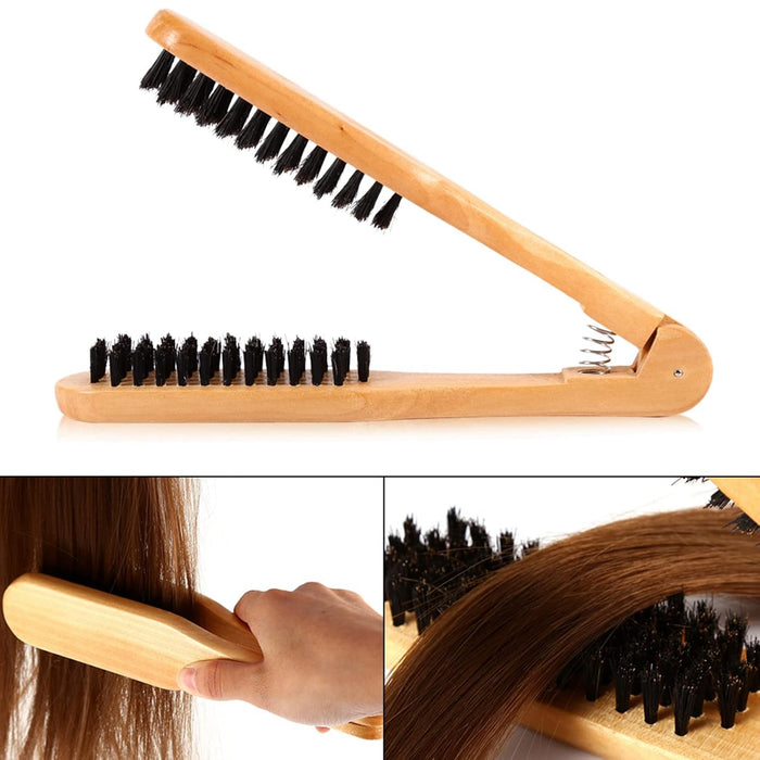 Wooden hairbrush with black bristles on a white background, shown in different angles.