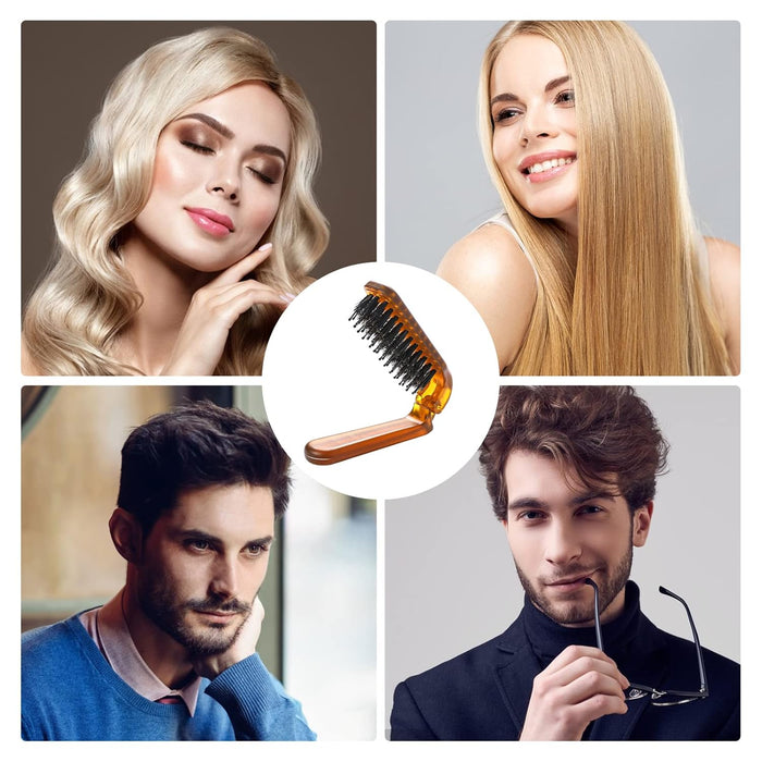 Collage of people with hairstyles and a hairbrush in the center.