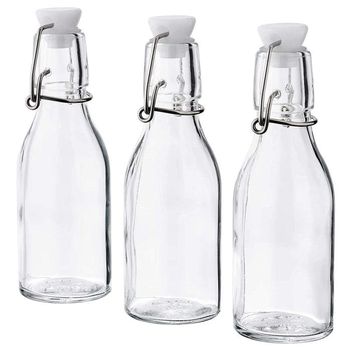 IKEA UPPFYLLD Funnel, 13 cm, bright yellow with KORKEN Bottle with stopper, clear glass15 cl