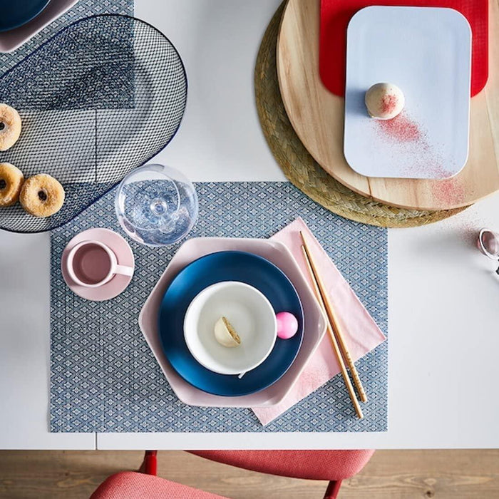 Ikea Kitchen Essentials Set, White Ceramic Bowls (2 Pack), Blue Placemats (2 Pack), White Napkins (100 Pack), Stainless Steel Tongs (1 piece)