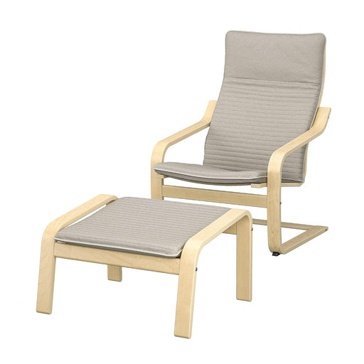 POÄNG armchair and footstool, birch veneer/Knisa light beige. Curved frame with high backrest and matching cushioned stool – ergonomic comfort in minimalist style – 30158659, 90395144, 80433434, 90395158.