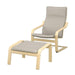 POÄNG armchair and footstool, birch veneer/Knisa light beige. Curved frame with high backrest and matching cushioned stool – ergonomic comfort in minimalist style – 30158659, 90395144, 80433434, 90395158.