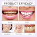 Before and after comparison of teeth with text indicating product efficacy on a light purple background.