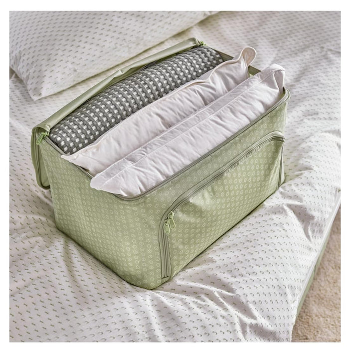 IKEA HEMMAFIXARE Storage case, flower/pale grey-green, 34x51x28 cm (13 ½x20x11) with AROMATISK Hand towel, green, 40x70 cm (16x28)