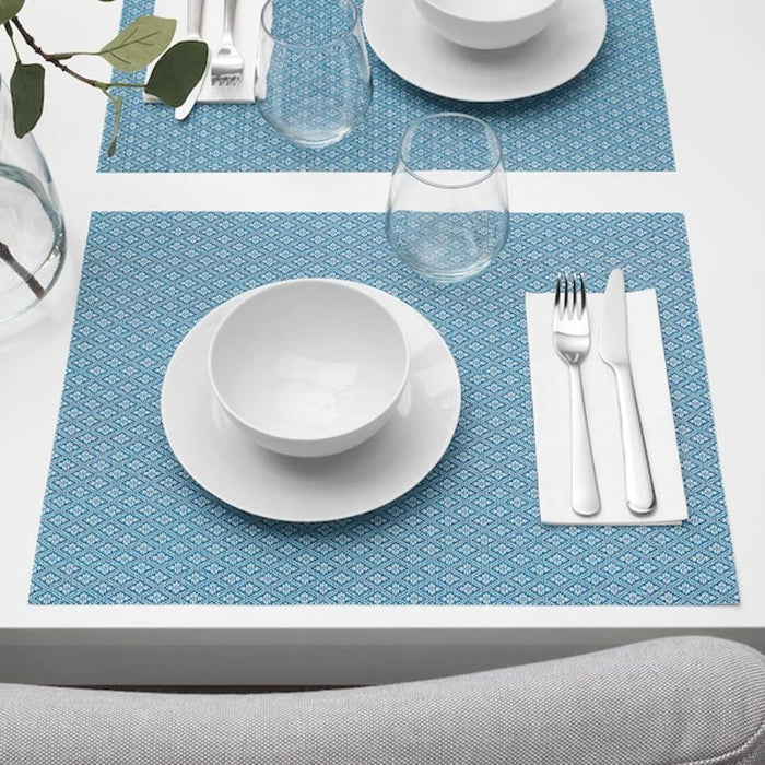Ikea Kitchen Essentials Set, White Ceramic Bowls (2 Pack), Blue Placemats (2 Pack), White Napkins (100 Pack), Stainless Steel Tongs (1 piece)