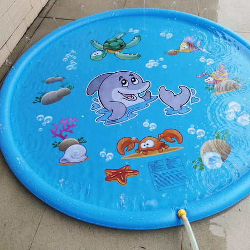 Round blue splash mat with dolphin, turtle, crab, and fish illustrations—edge sprinklers spray water outward for outdoor kid play – 1598452254744 12846906.