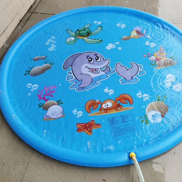 Round blue splash mat with dolphin, turtle, crab, and fish illustrations—edge sprinklers spray water outward for outdoor kid play – 1598452254744 12846906.