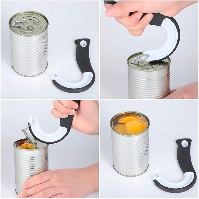 Step-by-step process of using a can opener on a can, with close-up shots of the tool and can.