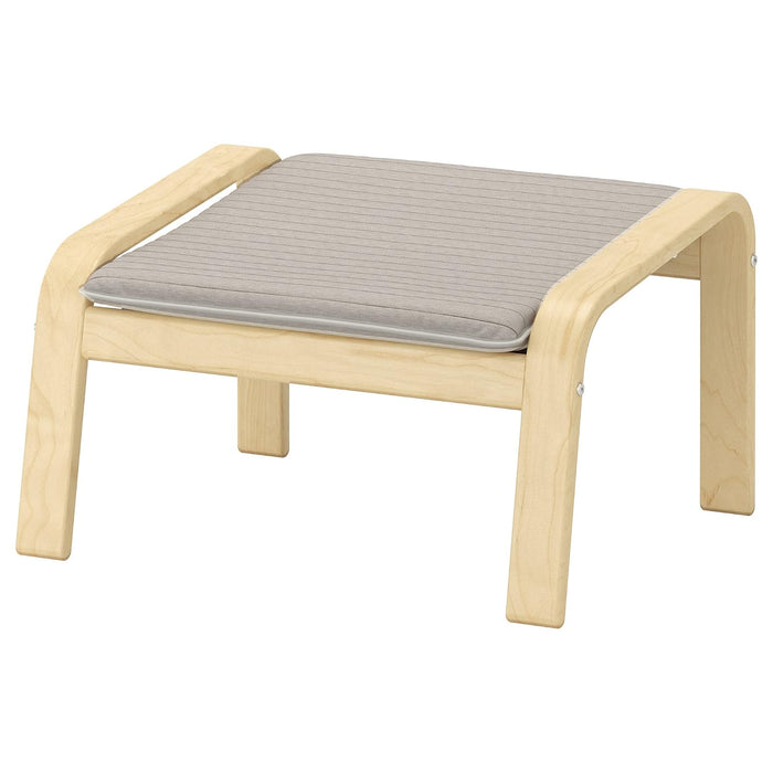 POÄNG footstool, birch veneer/Knisa light beige – curved wooden frame with ribbed cushion in soft gray, designed to pair with POÄNG armchair for ergonomic leg support – 90395144, 90395158.
