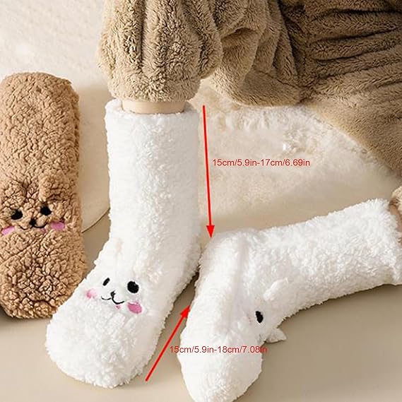 Digital Shoppy winter floor socks – white coral velvet slippers with cute animal face, labeled dimensions: 15–18 cm