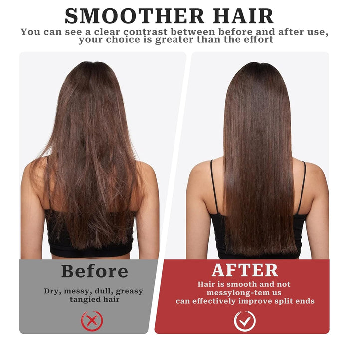 Before and after comparison of hair smoothness with a clear contrast between dry, messy hair and smooth hair.