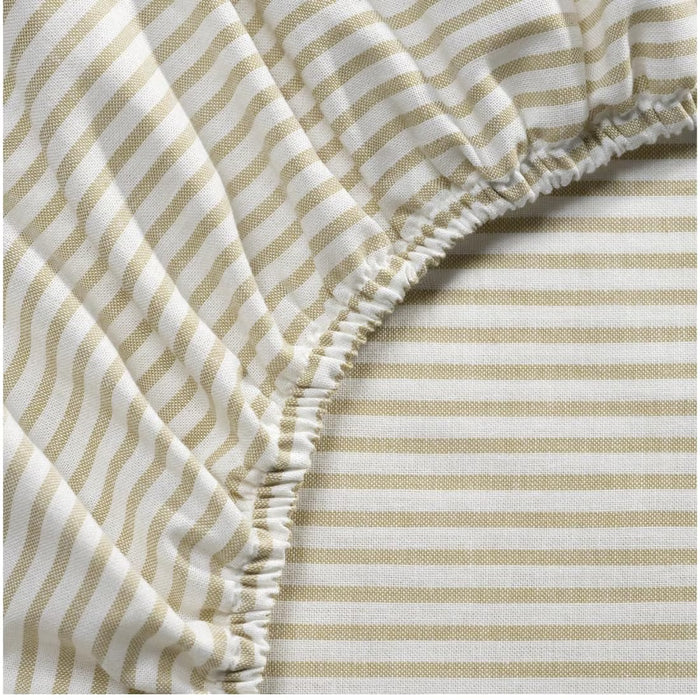 IKEA SOLFIBBLA beige and white striped fitted sheet elastic corner detail close-up